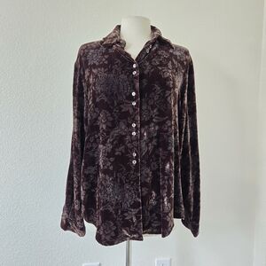 Ishyu Silk Velvet Button Down Shirt Blouse Womens Size 10 Relaxed Tunic Brown